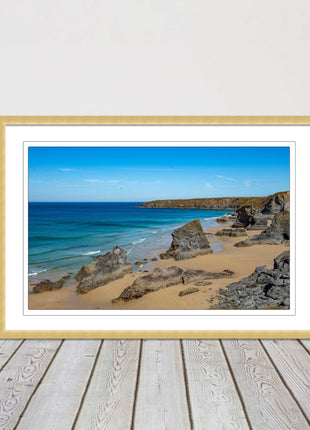 Bedruthan Steps, coastline in north Cornwall. framed picture print sunny vibrant