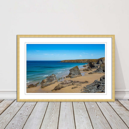 Bedruthan Steps, coastline in north Cornwall. framed picture print sunny vibrant