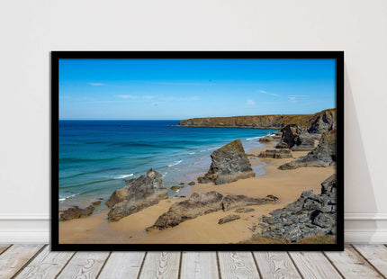 Bedruthan Steps, coastline in north Cornwall. framed picture print sunny vibrant