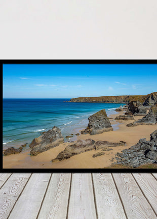 Bedruthan Steps, coastline in north Cornwall. framed picture print sunny vibrant
