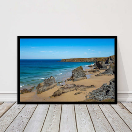 Bedruthan Steps, coastline in north Cornwall. framed picture print sunny vibrant