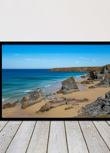 Bedruthan Steps, coastline in north Cornwall. framed picture print sunny vibrant