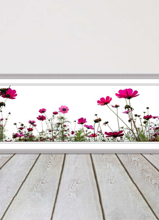Pink wild flowers on a white background. Panoramic framed picture print