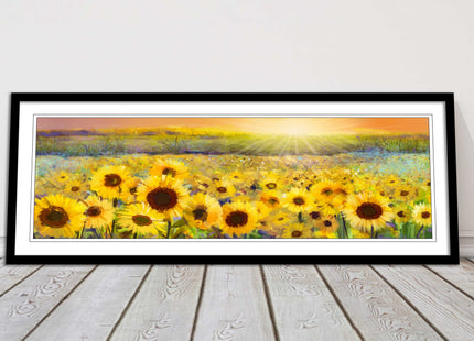 Sunflower field at sunset painting. Panoramic framed picture print. Choice of frame colour and border.