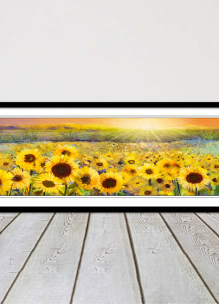 Sunflower field at sunset painting. Panoramic framed picture print. Choice of frame colour and border.