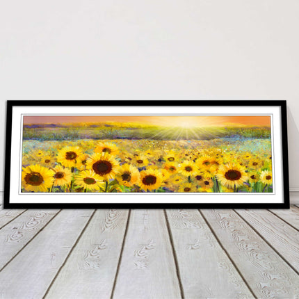 Sunflower field at sunset painting. Panoramic framed picture print. Choice of frame colour and border.