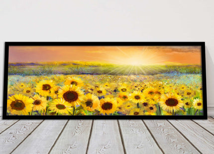 Sunflower field at sunset painting. Panoramic framed picture print. Choice of frame colour and border.