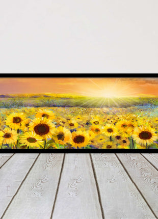 Sunflower field at sunset painting. Panoramic framed picture print. Choice of frame colour and border.