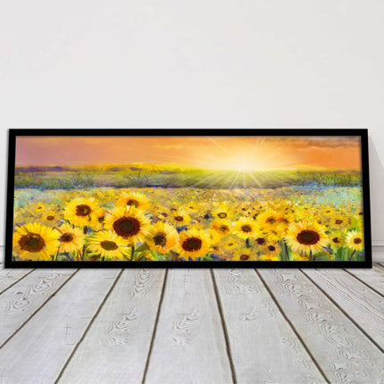 Sunflower field at sunset painting. Panoramic framed picture print. Choice of frame colour and border.
