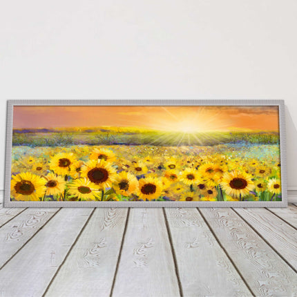 Sunflower field at sunset painting. Panoramic framed picture print. Choice of frame colour and border.