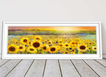 Sunflower field at sunset painting. Panoramic framed picture print. Choice of frame colour and border.