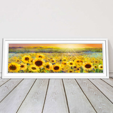 Sunflower field at sunset painting. Panoramic framed picture print. Choice of frame colour and border.