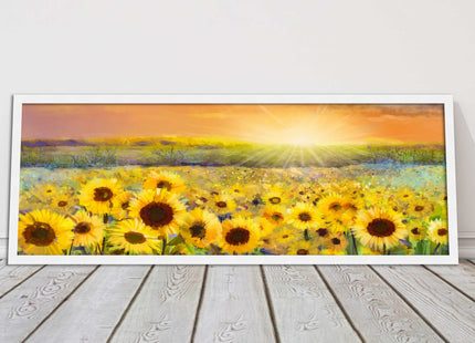 Sunflower field at sunset painting. Panoramic framed picture print. Choice of frame colour and border.
