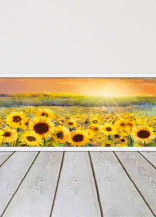 Sunflower field at sunset painting. Panoramic framed picture print. Choice of frame colour and border.