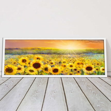 Sunflower field at sunset painting. Panoramic framed picture print. Choice of frame colour and border.