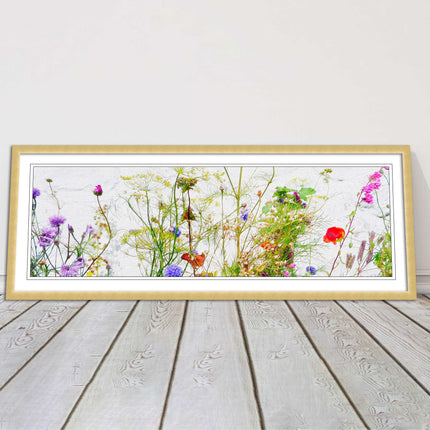 Multi coloured Wild flowers on a white background Panoramic framed picture print