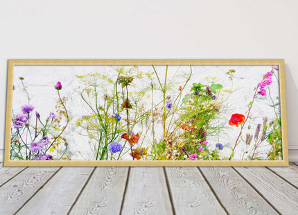 Multi coloured Wild flowers on a white background Panoramic framed picture print