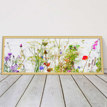 Multi coloured Wild flowers on a white background Panoramic framed picture print