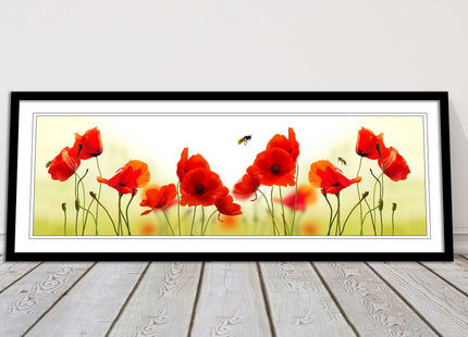 Wild Poppies and bees. Panoramic framed picture print. Choice of frames