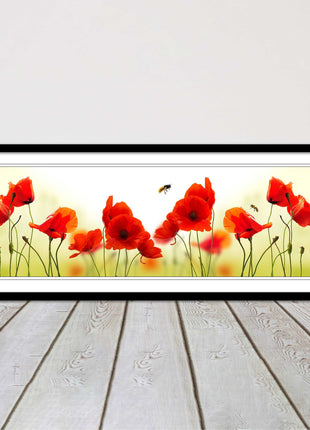 Wild Poppies and bees. Panoramic framed picture print. Choice of frames
