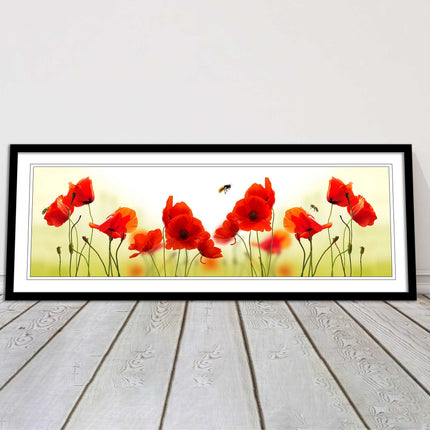 Wild Poppies and bees. Panoramic framed picture print. Choice of frames