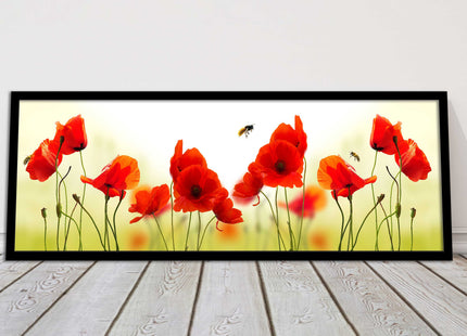 Wild Poppies and bees. Panoramic framed picture print. Choice of frames