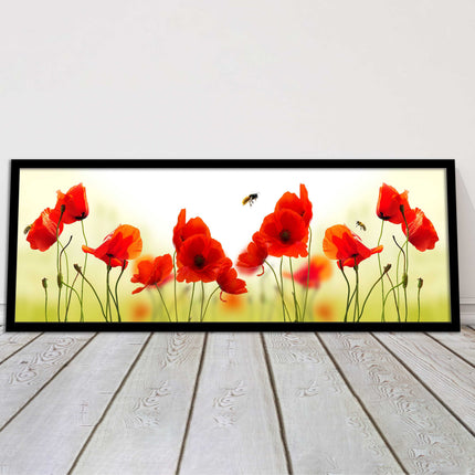 Wild Poppies and bees. Panoramic framed picture print. Choice of frames