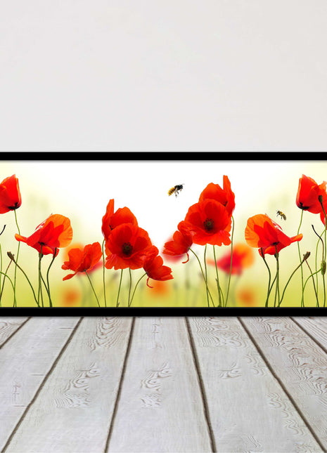 Wild Poppies and bees. Panoramic framed picture print. Choice of frames