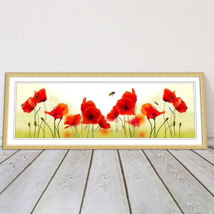 Wild Poppies and bees. Panoramic framed picture print. Choice of frames