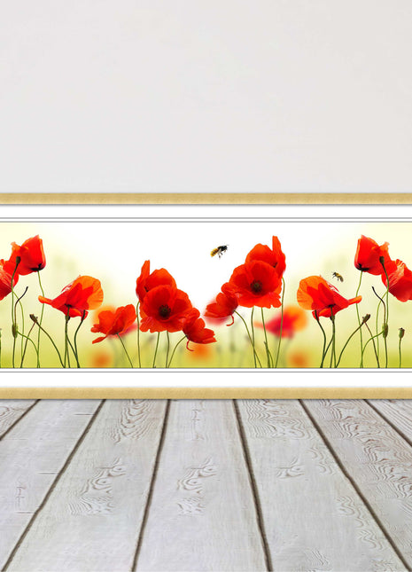 Wild Poppies and bees. Panoramic framed picture print. Choice of frames