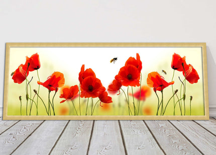 Wild Poppies and bees. Panoramic framed picture print. Choice of frames