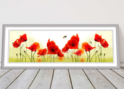 Wild Poppies and bees. Panoramic framed picture print. Choice of frames