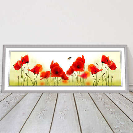 Wild Poppies and bees. Panoramic framed picture print. Choice of frames