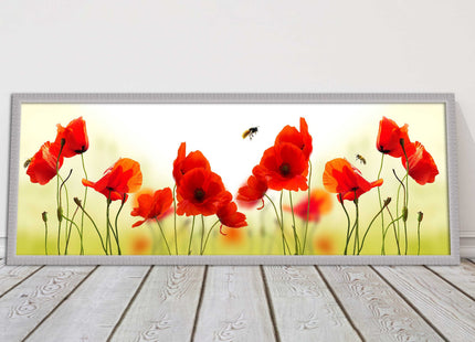Wild Poppies and bees. Panoramic framed picture print. Choice of frames