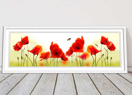 Wild Poppies and bees. Panoramic framed picture print. Choice of frames