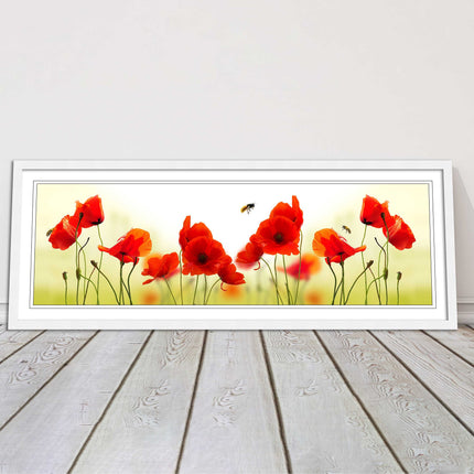 Wild Poppies and bees. Panoramic framed picture print. Choice of frames