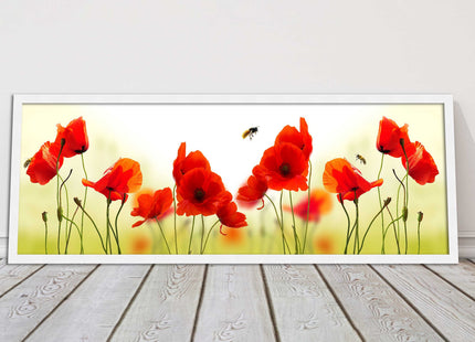 Wild Poppies and bees. Panoramic framed picture print. Choice of frames