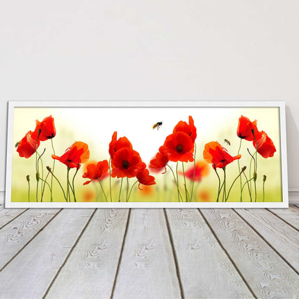 Wild Poppies and bees. Panoramic framed picture print. Choice of frames