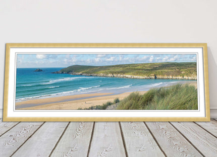 Crantock Beach. Panoramic framed picture print, Cornwall beach scene choice