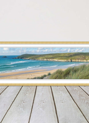 Crantock Beach. Panoramic framed picture print, Cornwall beach scene choice