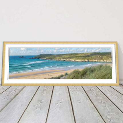 Crantock Beach. Panoramic framed picture print, Cornwall beach scene choice