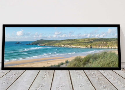 Crantock Beach. Panoramic framed picture print, Cornwall beach scene choice