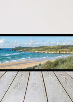 Crantock Beach. Panoramic framed picture print, Cornwall beach scene choice