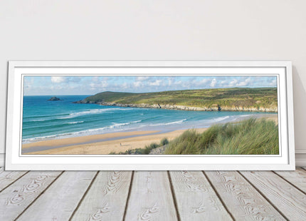 Crantock Beach. Panoramic framed picture print, Cornwall beach scene choice