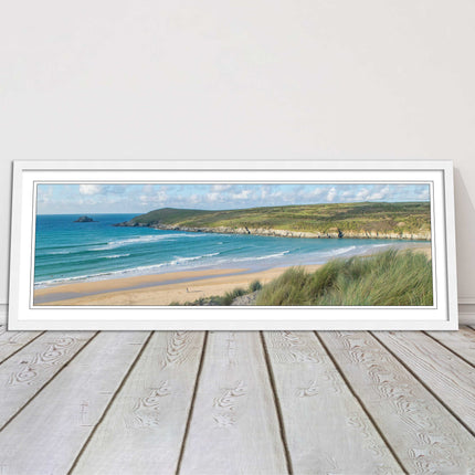 Crantock Beach. Panoramic framed picture print, Cornwall beach scene choice