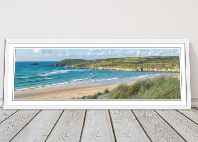 Crantock Beach. Panoramic framed picture print, Cornwall beach scene choice