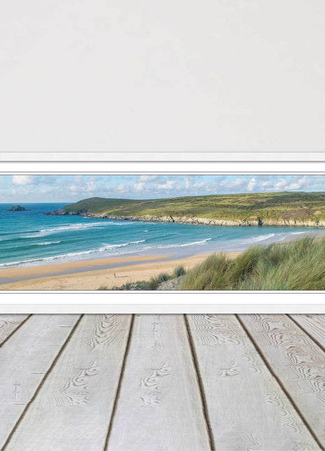 Crantock Beach. Panoramic framed picture print, Cornwall beach scene choice