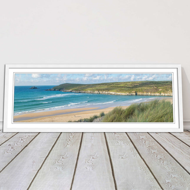 Crantock Beach. Panoramic framed picture print, Cornwall beach scene choice