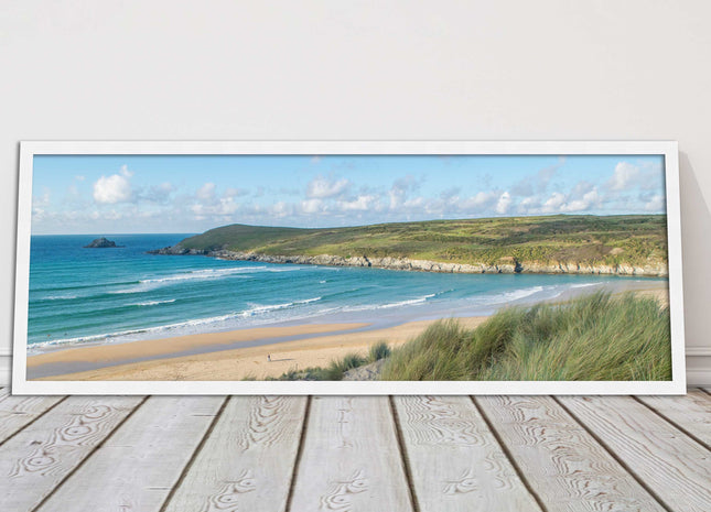 Crantock Beach. Panoramic framed picture print, Cornwall beach scene choice
