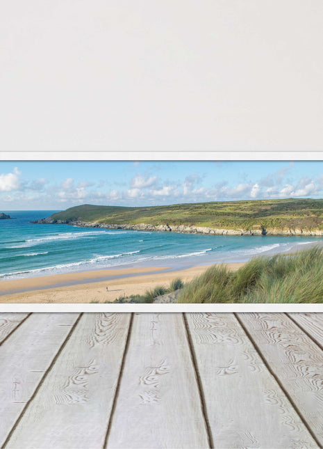 Crantock Beach. Panoramic framed picture print, Cornwall beach scene choice